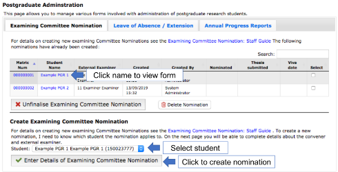 An example of the Examining Committee Nomination tab in the Postgraduate Administration tool